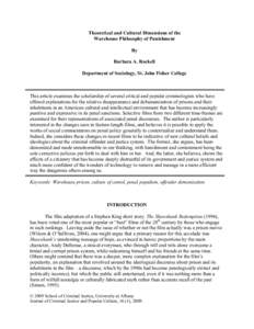 Theoretical and Cultural Dimensions of the Warehouse Philosophy of Punishment By Barbara A. Rockell Department of Sociology, St. John Fisher College