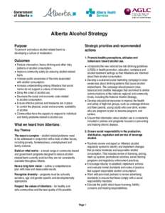 Alberta Alcohol Strategy Purpose To prevent and reduce alcohol-related harm by developing a culture of moderation.  Strategic priorities and recommended