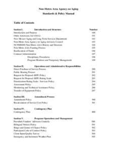 Non-Metro Area Agency on Aging Standards & Policy Manual Table of Contents Section I. Introduction and Structure