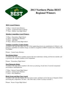2013 Northern Plains BEST Regional Winners BEST Award Winners: 1st Place: Central Lakes Robotics 2nd Place: Cornerstone Prep Academy