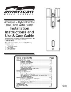 American – Hybrid Electric Heat Pump Water Heater Installation Instructions and Use & Care Guide