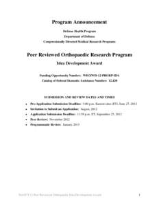 Program Announcement Defense Health Program Department of Defense Congressionally Directed Medical Research Programs  Peer Reviewed Orthopaedic Research Program