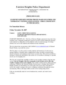 Fairview Heights Police Department[removed]BUNKUM ROAD • FAIRVIEW HEIGHTS, ILLINOIS[removed][removed]FAX[removed]  [PRESS RELEASE]