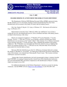 News Release Defense Prisoner of War/Missing Personnel Office (Public Affairs) Washington, DC[removed]Phone: ([removed]Fax[removed]