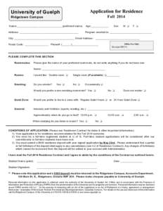 Application for Residence  University of Guelph Fall 2014