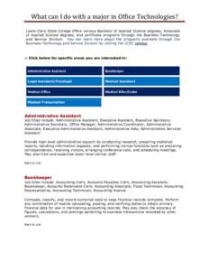 What can I do with a major in Office Technologies? Lewis-Clark State College offers various Bachelor of Applied Science degrees, Associate of Applied Science degrees, and certificate programs through the Business Technol