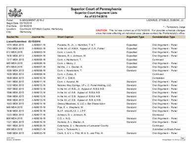 Superior Court of Pennsylvania Superior Court Argument Lists As ofPanel: Begin Date: End Date: