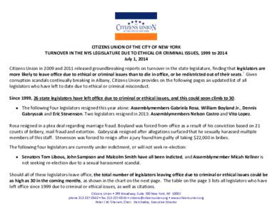 CITIZENS UNION OF THE CITY OF NEW YORK TURNOVER IN THE NYS LEGISLATURE DUE TO ETHICAL OR CRIMINAL ISSUES, 1999 to 2014 July 1, 2014 Citizens Union in 2009 and 2011 released groundbreaking reports on turnover in the state