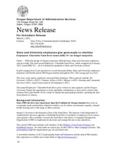 Oregon Department of Administrative Services 155 Cottage Street NE, U20 Salem, Oregon[removed]News Release For Immediate Release