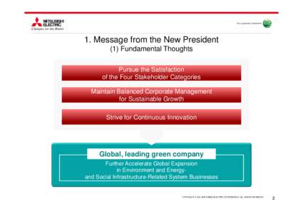 1. Message from the New President (1) Fundamental Thoughts Pursue the Satisfaction of the Four Stakeholder Categories Maintain Balanced Corporate Management for Sustainable Growth