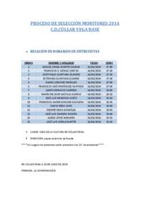 PROCESO DE SELECCIÓN MONITORES 2014 C.D.CÚLLAR VEGA BASE RELACIÓN DE HORARIOS DE ENTREVISTAS ORDEN 1