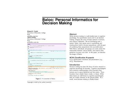 Baloo: Personal Informatics for Decision Making Edward K. Smith University of Maryland, College Park 