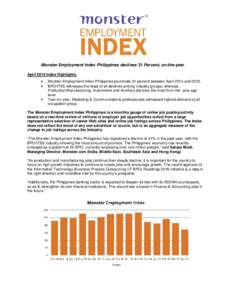 Monster Employment Index Philippines declines 31 Percent, on-the-year April 2015 Index Highlights: • •  •