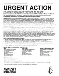 Further information on UA: [removed]Index MDE[removed]Bahrain  Date: 3 April 2012 URGENT ACTION PRISONER DESCRIBES TORTURE TO COURT