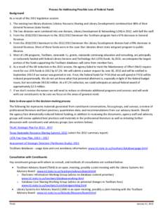 Background  Process for Addressing Possible Loss of Federal Funds As a result of the 2011 legislative session: 1. The existing two library divisions (Library Resource Sharing and Library Development) combined lost 88% of