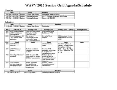 WAVV 2013 Session Grid Agenda/Schedule Sunday Time 2:00 PM – 09:00 PM 5:00 PM – 06:45 PM 7:00 PM – 11:00 PM