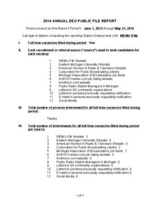 2014 ANNUAL EEO PUBLIC FILE REPORT Period covered by this Report (“Period”): June 1, 2013 through May 31, 2014 Call sign of station comprising the reporting Station Employment Unit: WEMU (FM) I.  Full-time vacancies 