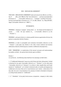 NON−DISCLOSURE AGREEMENT THIS NON−DISCLOSURE AGREEMENT made and entered into effective as of the＿ day of ，200＿（the“Effective Date” ）by and between