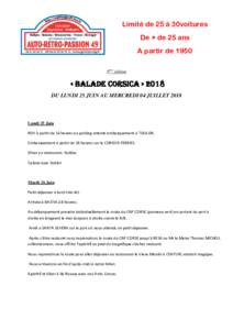 Limité de 25 à 30voitures De + de 25 ans A partir deème édition  « BALADE CORSICA » 2018