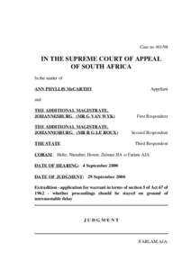 Case no[removed]IN THE SUPREME COURT OF APPEAL OF SOUTH AFRICA In the matter of ANN PHYLLIS McCARTHY