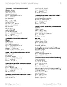 2006 Florida Library Directory with Statistics- Institutional Libraries  Apalachee Correctional Institution East Unit Library (Jackson County) 35 Apalachee Drive