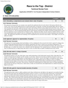 Technical Review Form  Race to the Top - District Technical Review Form Application #0166TX-1 for Houston Independent School District A. Vision (40 total points)