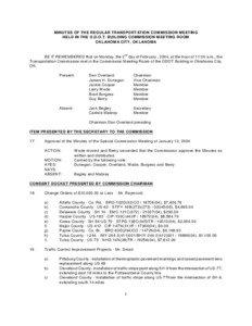 M INUTES OF THE REGULAR TRANSPORTATION COM M ISSION M EETING HELD IN THE O.D.O.T. BUILDING COM M ISSION M EETING ROOM OKLAHOM A CITY, OKLAHOM A