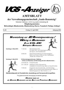 VGS-Anzeiger AMTSBLATT der Verwaltungsgemeinschaft „Saale-Rennsteig“ Internet Adresse: www.vg-saale-rennsteig.de Mitgliedsgemeinden: