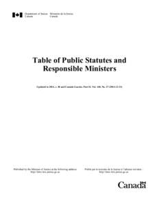 Department of Justice Ministère de la Justice Canada Canada Table of Public Statutes and Responsible Ministers
