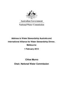 Address to Water Stewardship Australia and International Alliance for Water Stewardship Dinner, Melbourne
