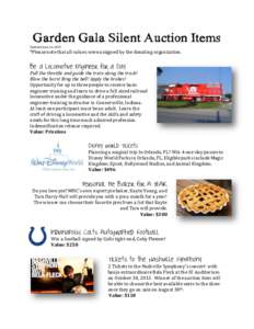Garden Gala Silent Auction Items Updated June 26, 2013 *Please note that all values were assigned by the donating organization.  Be a Locomotive Engineer for a Day