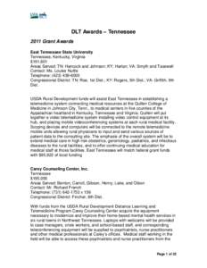 DLT Awards – Tennessee 2011 Grant Awards East Tennessee State University Tennessee, Kentucky, Virginia $191,601 Areas Served: TN: Hancock and Johnson; KY: Harlan; VA: Smyth and Tazewell