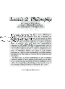 Leavis & Philosophy an essay by Chris Joyce a reply by Richard Stotesbury and subsequent correspondence *