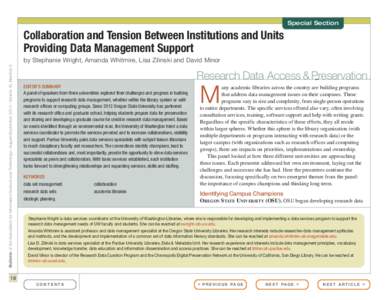 Special Section  Collaboration and Tension Between Institutions and Units Providing Data Management Support Bulletin of the Association for Information Science and Technology – August/September 2014 – Volume 40, Numb