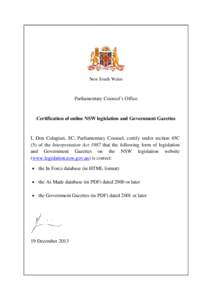 New South Wales  Parliamentary Counsel’s Office Certification of online NSW legislation and Government Gazettes