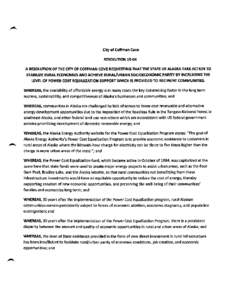 City of Coffman Cove RESOLUTION[removed]A RESOLUTION OF THE CITYOF COFFMAN COVE REQUESTING THAT THE STATE OF ALASKATAKE ACTION TO  STABILIZE RURAL ECONOMIES ANDACHIEVE RURAL/URBAN SOCIOECONOMIC PARITY BY INCREASING THE