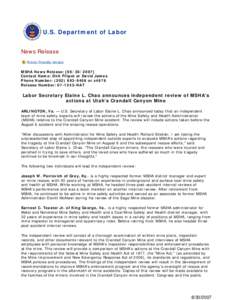 Mine Safety and Health Administration (MSHA) - News Release - Labor Secretary Elaine L. Chao announces independent review of MSHA’s actions at Utah’s Cra