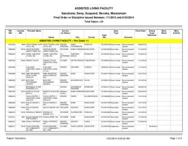 ASSISTED LIVING FACILITY Sanctions: Deny, Suspend, Revoke, Moratorium Final Order or Discipline Issued Between: [removed]and[removed]Total Cases = 34  File