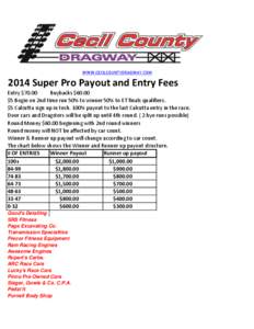 WWW.CECILCOUNTYDRAGWAY.COM[removed]Super Pro Payout and Entry Fees Entry $70.00 Buybacks $60.00 $5 Bogie on 2nd time run 50% to winner 50% to ET finals qualifiers.