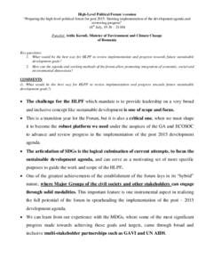 High-Level Political Forum´s session “Preparing the high-level political forum for post 2015: Steering implementation of the development agenda and reviewing progress” (8th July, 19.30 – Panelist: Attila Ko