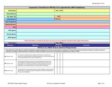 Inspection Checklist for NIH BL2-LS Laboratories (NIH Guidelines)