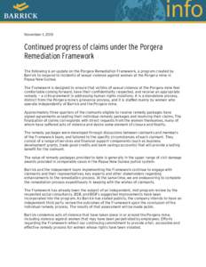 Continued progress of claims under the Porgera Remediation Framework
