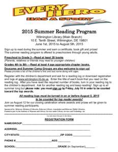 2015 Summer Reading Program Wilmington Library (Main Branch) 10 E. Tenth Street, Wilmington, DEJune 1st, 2015 to August 5th, 2015 Sign up to read during the summer and earn a certificate, book gift and prizes! The