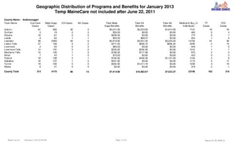 Geographic Distribution of Programs and Benefits for January 2013 Temp MaineCare not included after June 22, 2011 County Name : Androscoggin Town Name Cub Care Cases