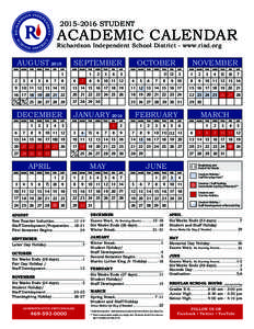[removed]STUDENT  ACADEMIC CALENDAR Richardson Independent School District - www.risd.org  AUGUST 2015