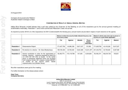 For personal use only  23 August 2012 Company Announcements Platform Australian Stock Exchange Limited