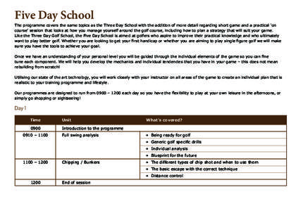 Five Day School  The programme covers the same topics as the Three Day School with the addition of more detail regarding short game and a practical ‘on course’ session that looks at how you manage yourself around the