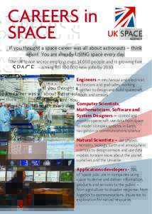 CAREERS in SPACE If you thought a space career was all about astronauts – think again! You are already USING space every day. The UK space sector employs over 34,000 people and is growing fast – aiming for 100,000 ne