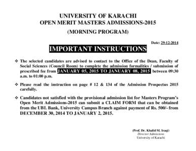 UNIVERSITY OF KARACHI OPEN MERIT MASTERS ADMISSIONS[removed]MORNING PROGRAM) Date: [removed]IMPORTANT INSTRUCTIONS