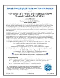 Jewish Genealogical Society of Greater Boston presents From Genealogy to History: Exploring the Jewish 20th Century through One Family’s Story David Laskin